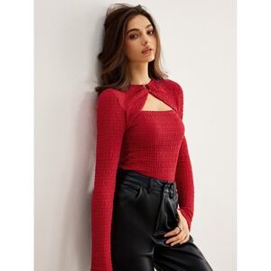 Commense Red Textured Knit Long Sleeve Top with Cutout Bust‎ Detail Size S